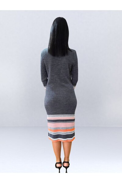 YusGos Fitted Cut Crew Neck Corded Fabric Midi Knitwear Dress
