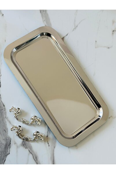 Melinda Silver Rectangular Removable Handle Detailed Tea, Coffee, Treat Serving Presentation Tray (33X17Cm)