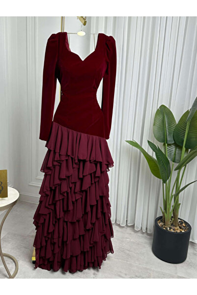 Nice Model Layered Chiffon Evening Dress Long Sleeve Velvet Bodice Tiered Formal Gown V-Neck Party Ruffled