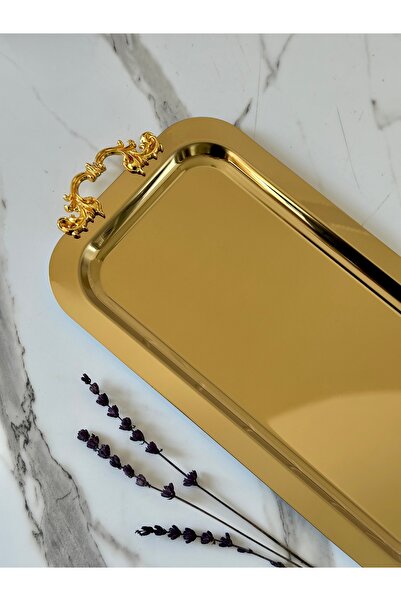 Melinda Gold Dikdörtgen Çıkarılabilir Kulp Detaylı Çay,kahve,ikram Servis Sunum Tepsisi (33x17CM)