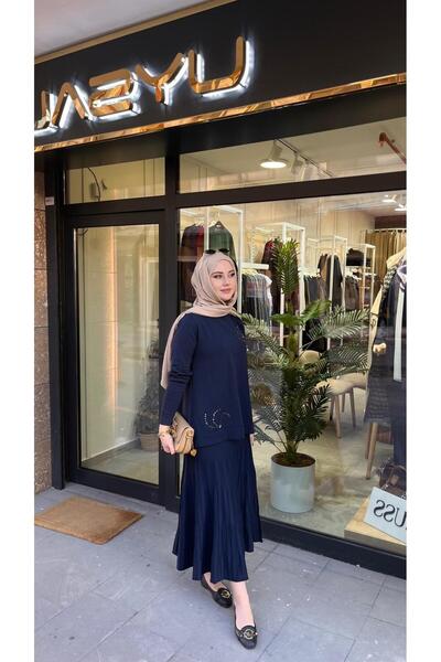 Nuss 1352 Beaded Skirt Suit Navy Blue