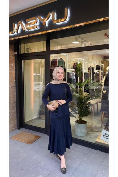 Nuss 1352 Beaded Skirt Suit Navy Blue