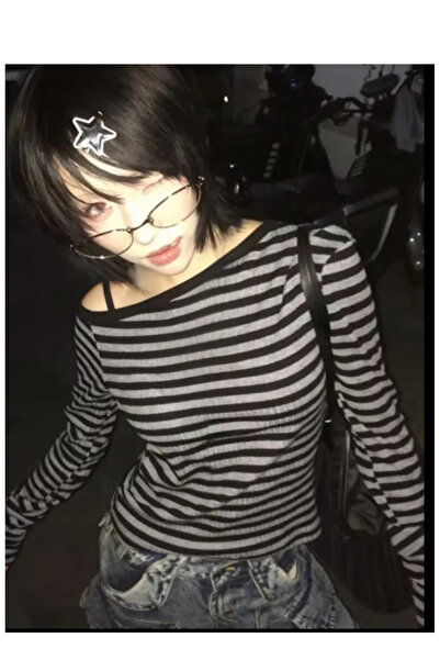 Köstebek Μαύρη γκρι ριγέ μπλούζα με λαιμόκοψη με λουράκια