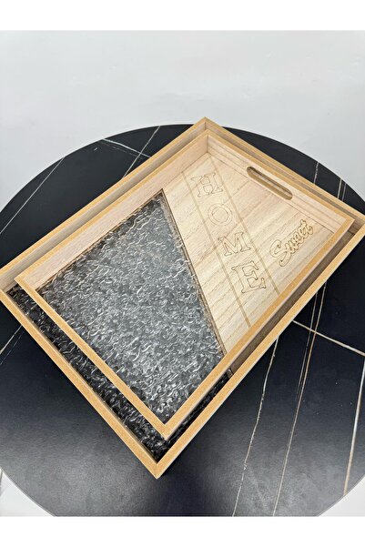 Living طقم صينية تقديم مستطيلة من الخشب والزجاج مكون من قطعتين