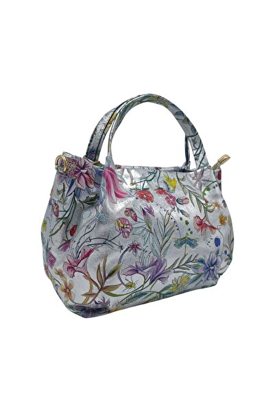 EVoStyle Women's Handbag in Genuine Leather Belle Monique Flower HM6162F, 28 × 23 × 15 cm, Silver Color