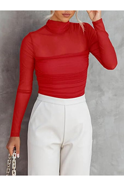 REORIA Women's Trendy Sexy Mock Turtle Neck Long Sleeve Sheer Mesh Ruffle Bodysuit Top