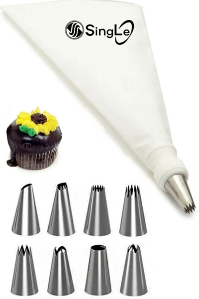 Single Krema Sıkma Torbası Seti 10 Parça Pasta Krema Kek Süsleme Paslanmaz Çe...