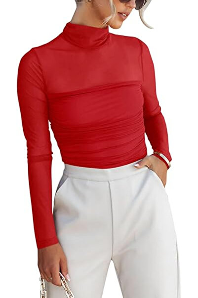 REORIA Women's Trendy Sexy Mock Turtle Neck Long Sleeve Sheer Mesh Ruffle Bodysuit Top