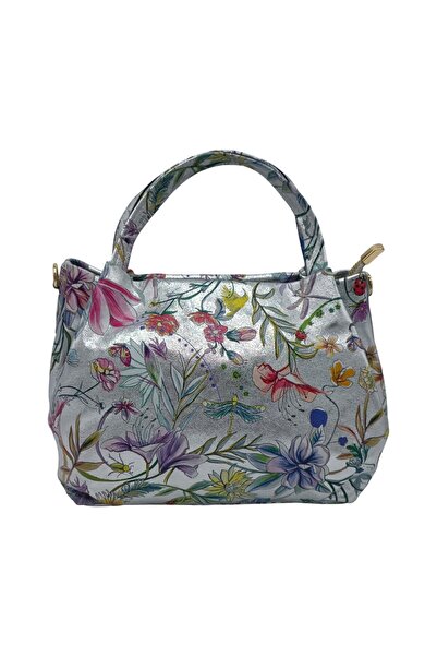 EVoStyle Women's Handbag in Genuine Leather Belle Monique Flower HM6162F, 28 × 23 × 15 cm, Silver Color