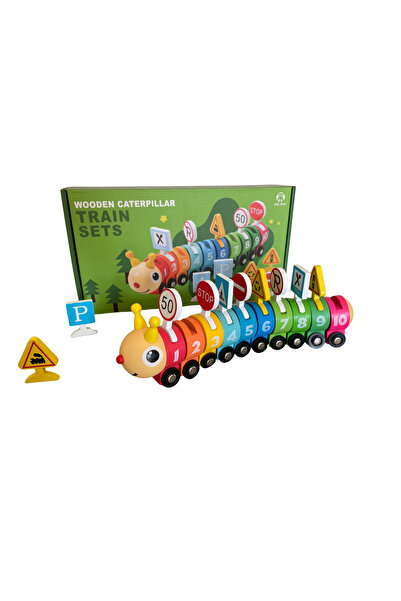 OEM Joc educativ din lemn Omida Trenulet Multicolor cu 10 Vagoane Numerotate si Semne de Circulatie