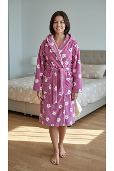embody Women's hooded dressing gown, cocolino soft-polar, fluffy, with drawstring, pink flowers