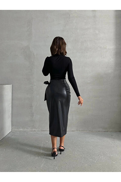 Butik Belted long leather skirt black h26414