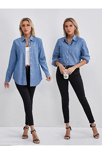 OEM Women's casual long-sleeved shirt size L blue