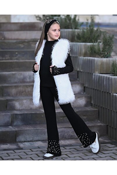 UZUN BUTİK Kids Girl's Vest and Pearl-Detail Knitwear Set with Pearl-Bandana