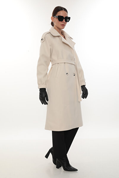 İKSUN Belted Buttoned Lined Premium Quality Comfortable Fit Winter Women's Cashmere Coat