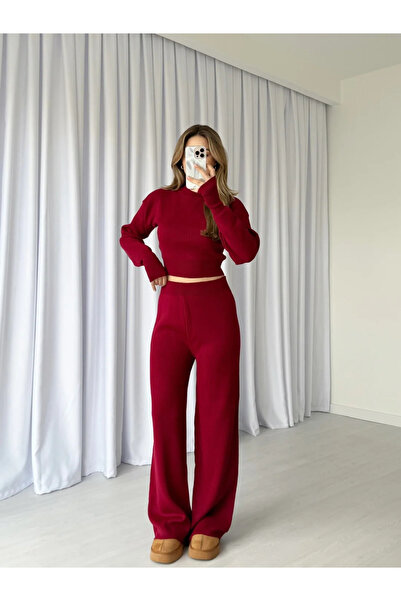 Narstorm Women's Burgundy Finger-Looped High-Waisted Knitwear Bottom-Top Set