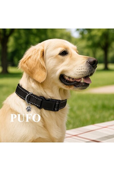 PUFO collar for puppies with paw-shaped medallion, size L, black