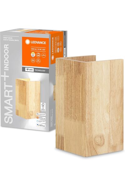 Ledvance Orbis Wood Smart+ Wi‑Fi Indoor LED Wall Lamp, 14W, 3000–6500K, 600 lm, Square, Real Woo