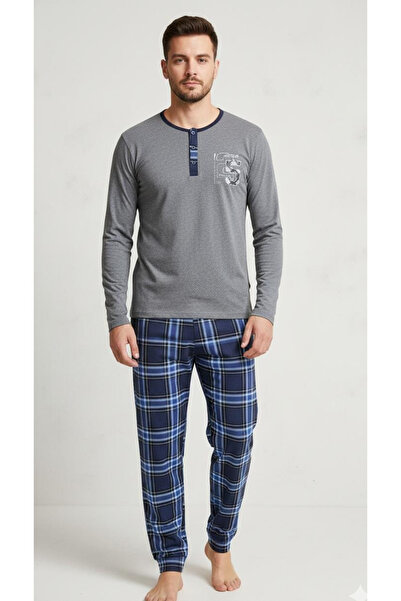 embody Long pyjamas, fine quality cotton, trouser pockets 203 grey/blue