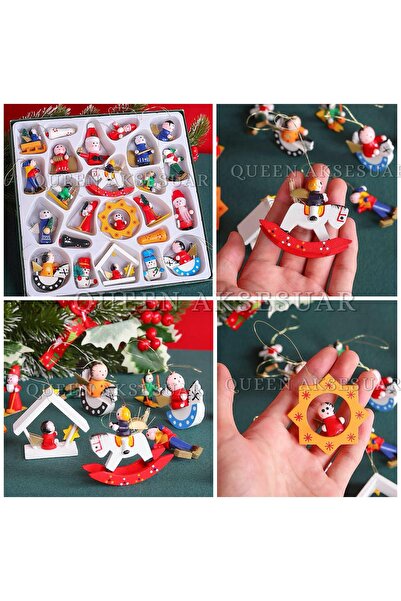 QUEEN AKSESUAR Luxury Christmas Wooden Mini Figure Set 24-Piece Pine Tree Ornament Gift Set Boxed Decoration