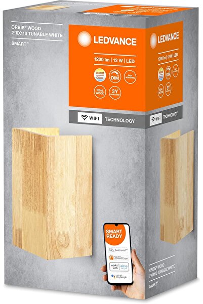 Ledvance Orbis Wood Smart+ Wi‑Fi Indoor LED Wall Lamp, 14W, 3000–6500K, 600 lm, Square, Real Woo