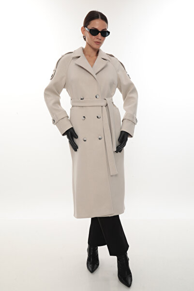 İKSUN Kuşaklı Düğmeli Astarlı Premium Kalite Rahat Kalıp Kışlık Kadın Kaşe Kaban Mont