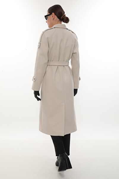 İKSUN Kuşaklı Düğmeli Astarlı Premium Kalite Rahat Kalıp Kışlık Kadın Kaşe Kaban Mont