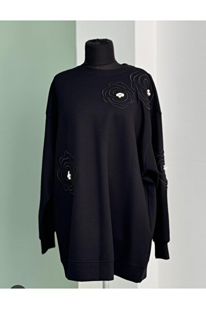 azram Pearl Detailed 3D Flower Embroidered Ov Oversized Black Sweatshirt
