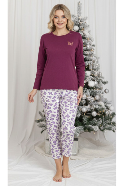 embody Pijamale pentru femei din bumbac udat, bluză și pantaloni lungi, mov, ...