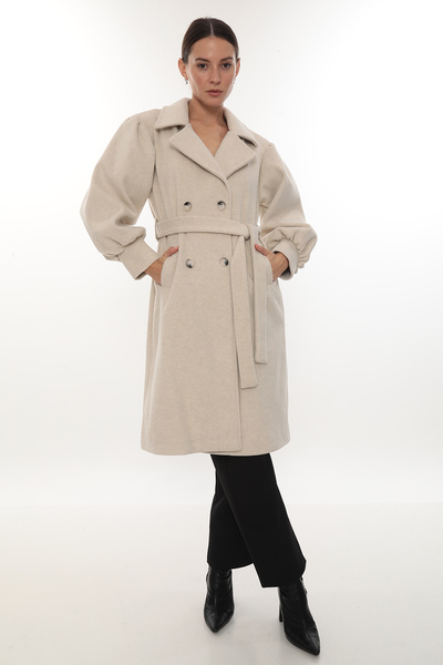 İKSUN Belted Buttoned Lined Premium Quality Comfortable Fit Winter Women's Cashmere Coat