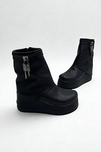 Woox Butico Siyah Cilt Deri Dolgu Topuk Kadın Bot