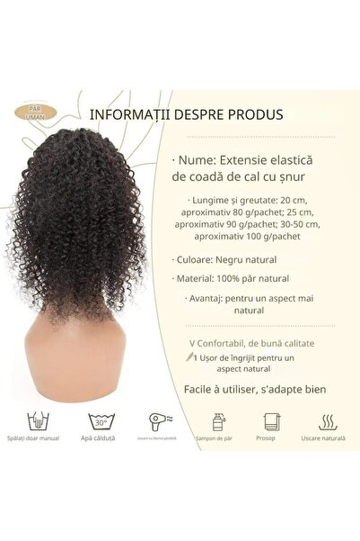 Fukpo Extensie de păr coadă de cal ISHEENY - păr natural, negru, 25 cm, afro creț, cu legături