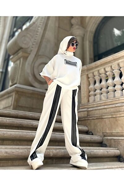 LUSHN Women's Length Printed Front Stripe Sweatpants T-Shirt Double Set