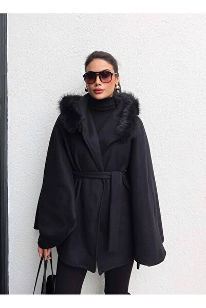 Winora KAŞE KUMAŞ KÜRK DETAYLI OVERSİZE PANÇO