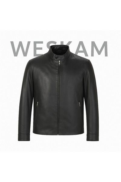 Weskam Men's Black Genuine Leather Coat Zippered Plain Real Leather Jacket Elvs