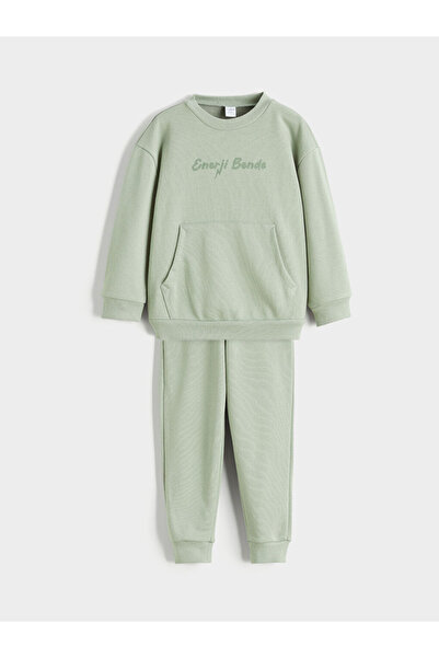 LC Waikiki Lcw kids green Printed boys' sweatshirt and sweatpants set