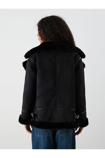 LC Waikiki Xside Black Fur Collar Women's Suede Look Coat