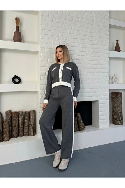 Narstorm Women's Gray Side Striped Button Detailed Paneled Set