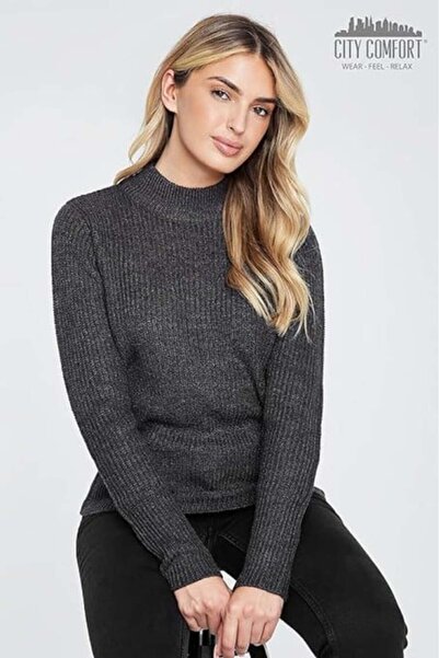City Comfort Women's Winter Sweater, Elegant, Warm, Comfortable, High Collar, Ripped Fabric, Gray, S