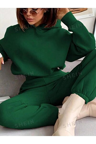 LUSHN Women's Hooded Crop Sweatshirt Sweatpants 3 Thread Double Set