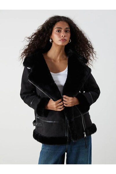 LC Waikiki Xside Black Fur Collar Women's Suede Look Coat