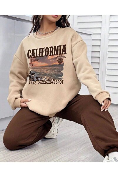 LUSHN Women's California Printed Oversize 3 Thread Sweatshirt Tracksuit Set