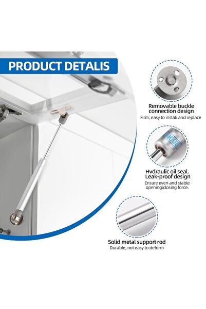 Vadania Set of 4 Gas Pistons for Furniture 200N, Hydraulic Cabinet Door Dampers, Silver