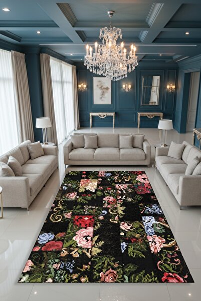Kessy Home Studio Asel Siyah Bordo Patchwork Desenli Yıkanabilir Halı Kaymaz ...