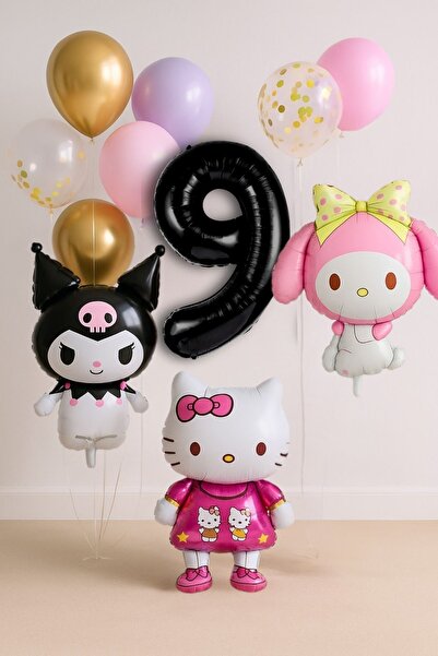 PARTİAVM 9 Yaş Hello Kitty + My Melody + Kuromi Balon Set Doğum Günü Balon Se...