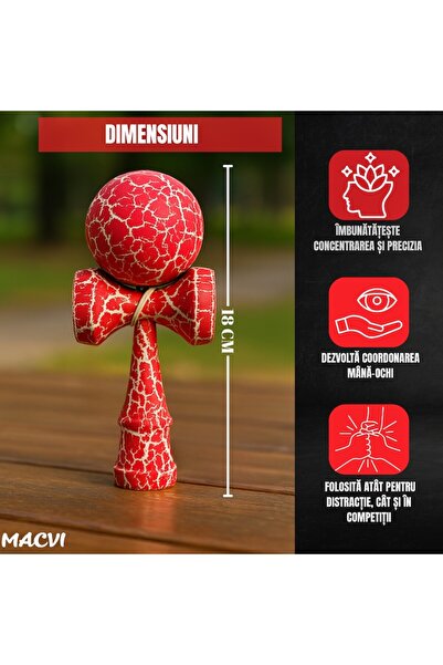 MACVI ® Professional Wooden Kendama, CRACK Model, 18 cm, Red/White