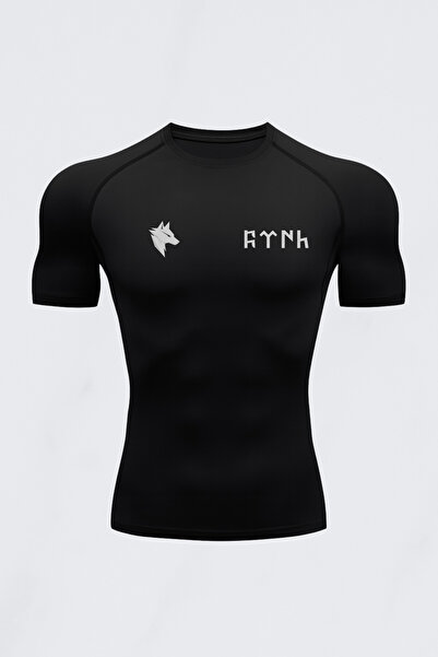 FitVult Göktürkçe Türk Yazılı Bozkurt Baskılı Kısa Kollu Compression Spor Tshirt Vücuda Yapışan Body İçlik