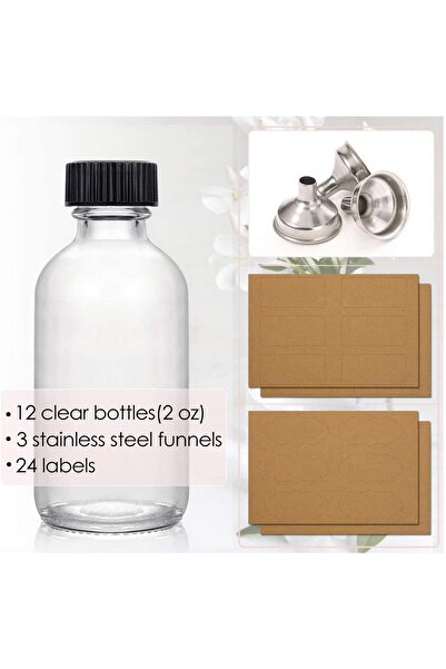 FUFU 12-Pack 2oz (60ml) Clear Glass Boston Round Bottles with Lids & 3 Stainless Steel Funnels