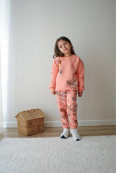 ARBİ kids Girls' Rabbit Pattern Cute Three-Thread Fleece-Lined Winter Soft Double Set