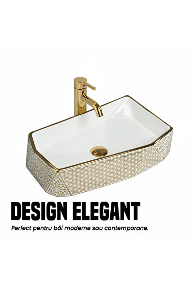NEXTLY NEXTLY countertop ceramic washbasin, geometric pattern, sanitary ware, 55x33x12cm, gold-white